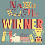 NaNoWriMo Winner 2015 Trophy cup on a shelf with a rabbit and some books.
