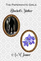 white cover with oval gold picture frames, one with a bluebell, one with a scary man stalking the heroine.