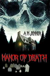 A Victorian Manor rises from a pine forest with a cemetery at its feet and a skull floating overhead, with the title 