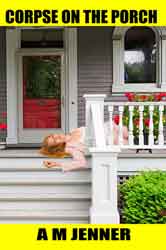 A woman lying dead on the porch of a Victorian home.
