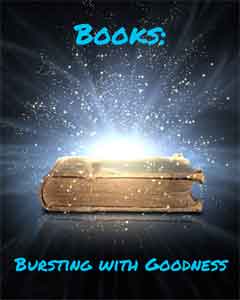 A book emitting blue light with the caption Books - Bursting with Goodness 