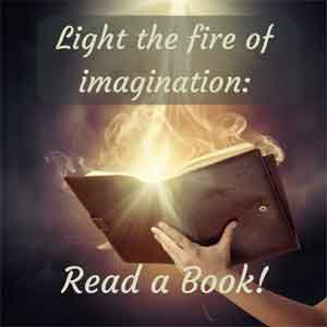 A book with flames rising from the pages and the caption Light the fire of imagination - read a book